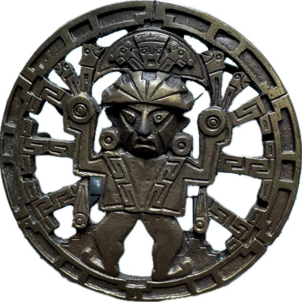 Bergamot Brass Works Mayan Aztec Incan Round Belt Buckle 1970s